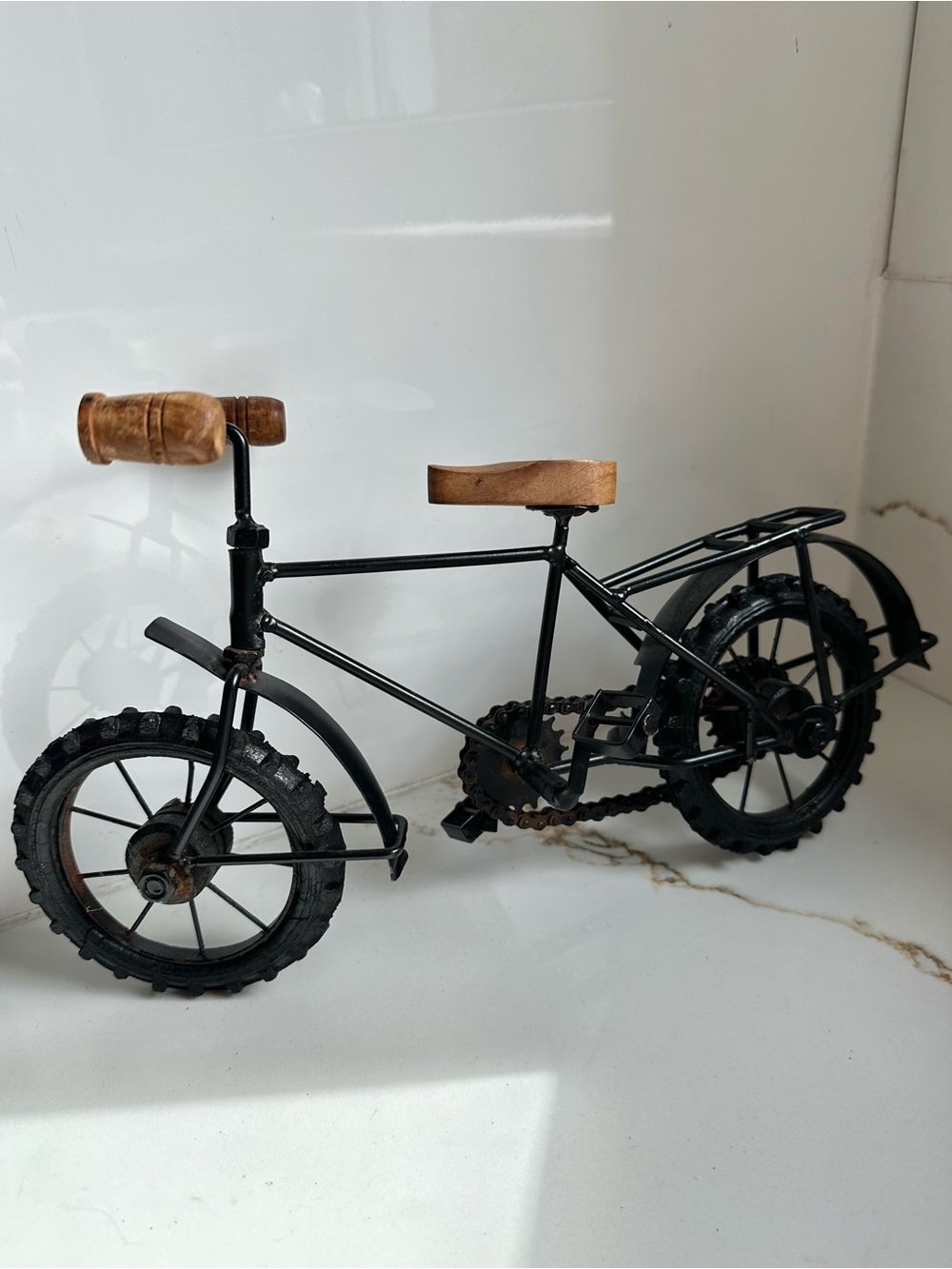 Vintage Handmade Metal Bicycle Sculpture with Wood Seat & Handlebars